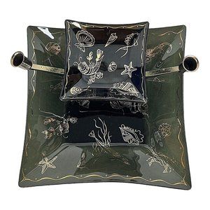 2 Tier Black Glass Tray Dish Gold Sea Creatures Candle Holder MCM Chip Dip VTG